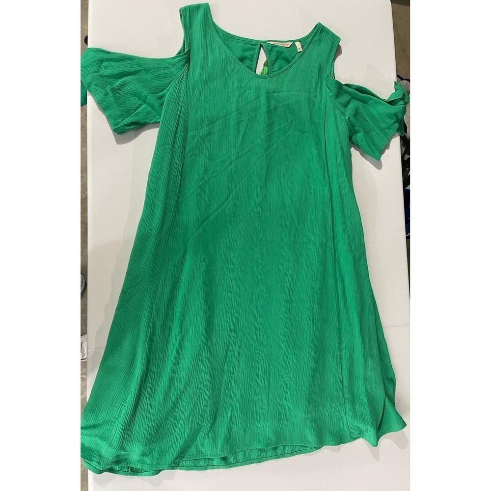 SOFT SURROUNDINGS WOMAN SIZE L GREEN CRINKLED A LINE MIDI DRESS COLD SHOULDER - Picture 7 of 15